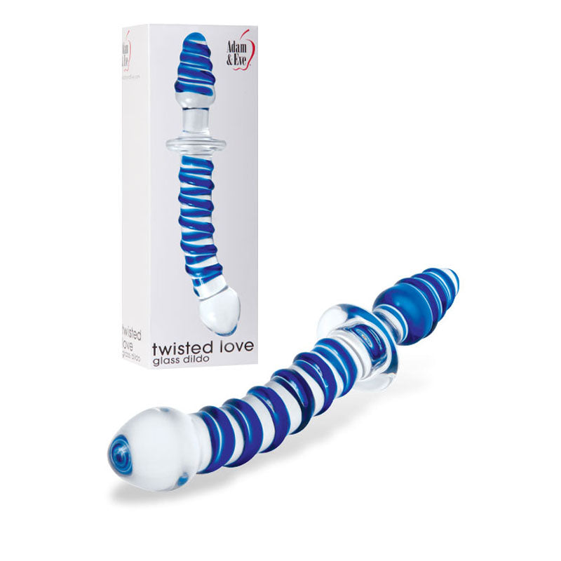 Adam & Eve Twisted Love Glass Dildo - Clear/Blue 24cm (9.5") Double Ended Glass Dong