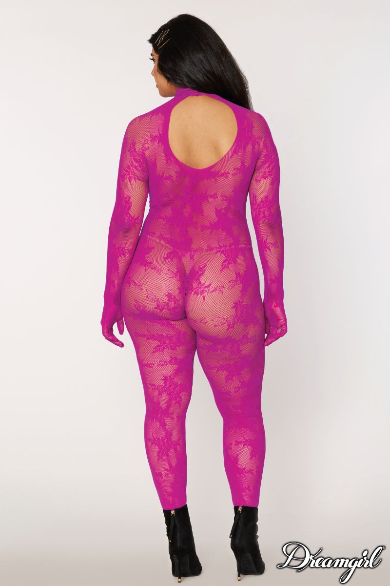 Dreamgirl Seamless Floral Knitted Fishnet Catsuit Bodystocking Azalea Size OSX