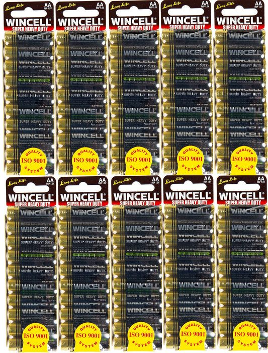 Wincell Super Heavy Duty Battery Size AA Shrink 10x10 Packs - 100 Batteries Bulk