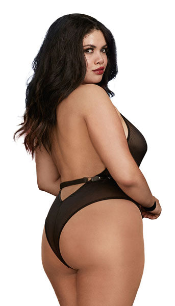 Dreamgirl Lingerie Stretch Mesh Teddy with Faux-Leather studded Trims Black Size Q Queen Plus Size