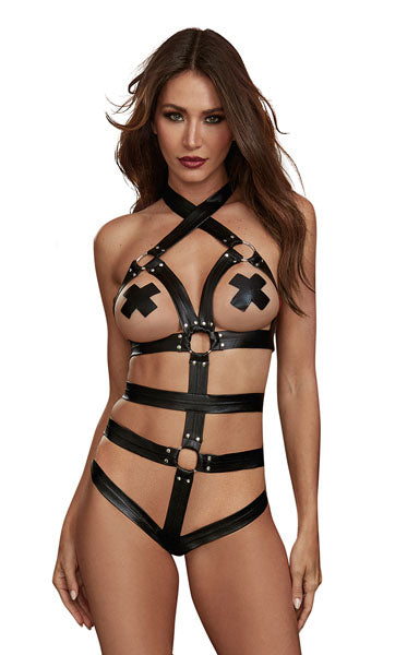 Dreamgirl Lingerie Strappy Faux-Leather Teddy Size OS