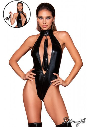 Dreamgirl Stretch Faux-Leather Halter Teddy with Studded Collar & Flogger Accessory Black Size OS