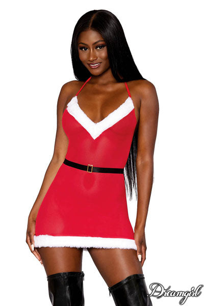 Dreamgirl Stretch Mesh Santa Chemise with Satin Elastic Belt Lipstick Red Size OS