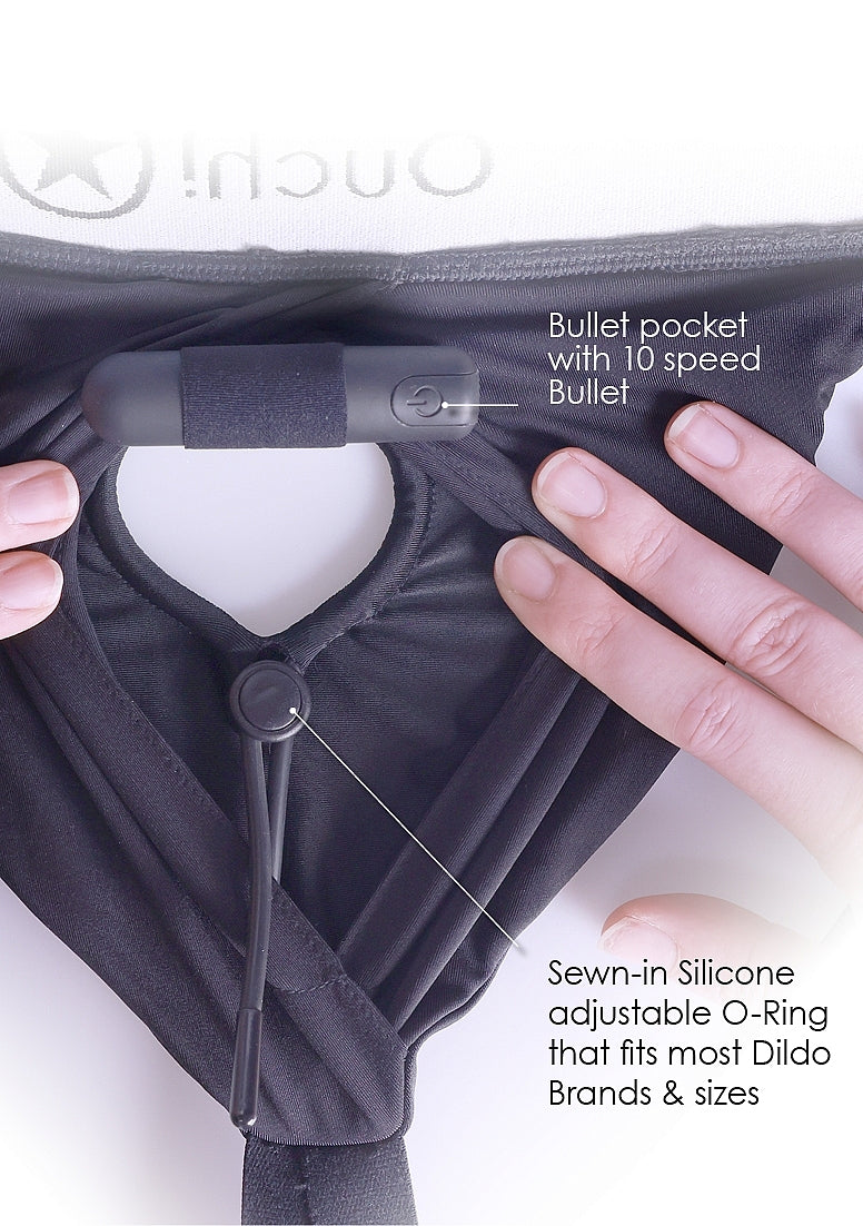 Shots Toys | OUCH! Vibrating Strap-On Thong with Adjustable Garters - Pink - Size XS/S