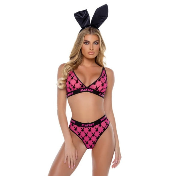 Playboy Lingerie Flocked Bunny 2 Pc Lingerie Set Pink Size XS/S/M/L