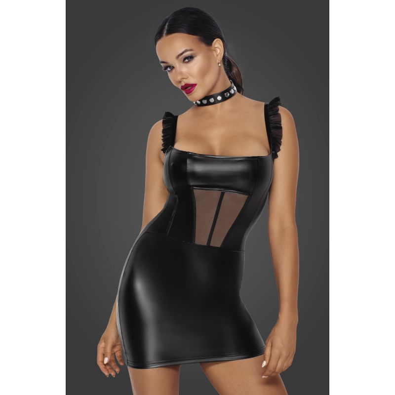 Noir Power Wetlook Short Dress w Front Tulle Inserts Size L