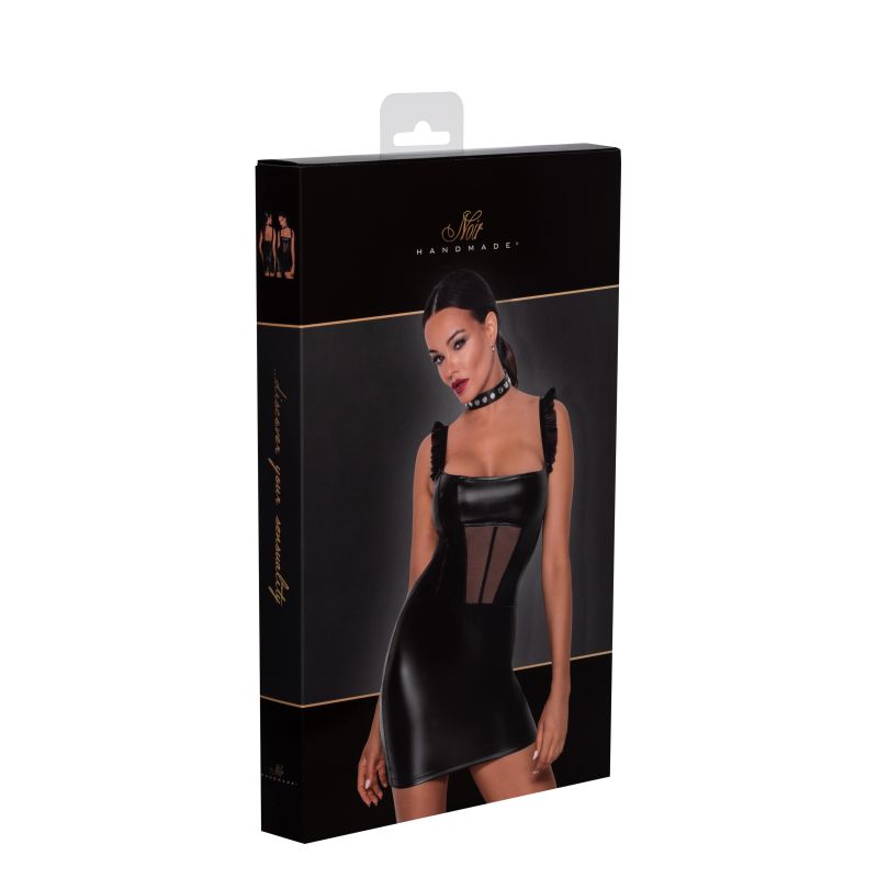 Noir Power Wetlook Short Dress w Front Tulle Inserts Size L