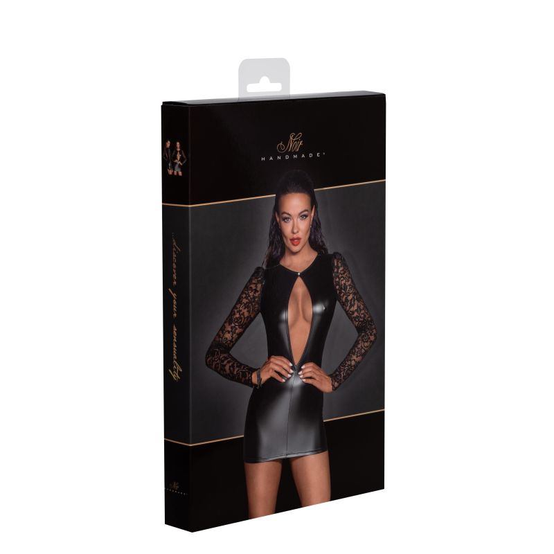 Noir Power Wetlook Short Dress w Lace Sleeves Size S/M/L