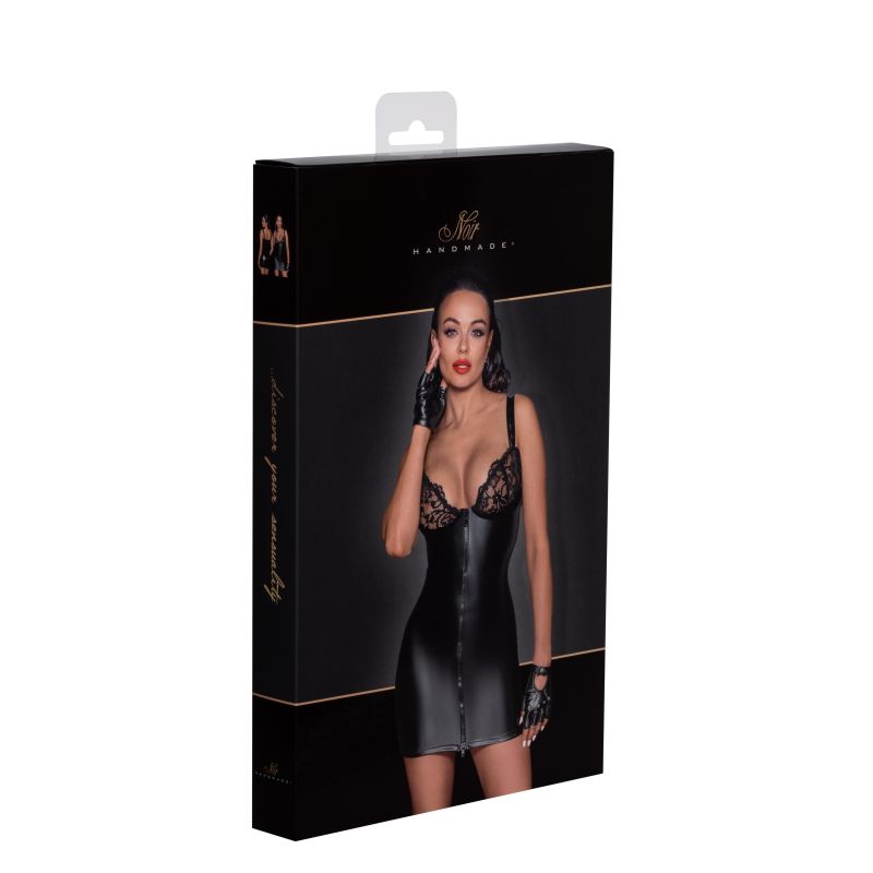 Noir Power Wetlook Mini Dress w Lace Chest & Two Way Zipper Size S/M/L