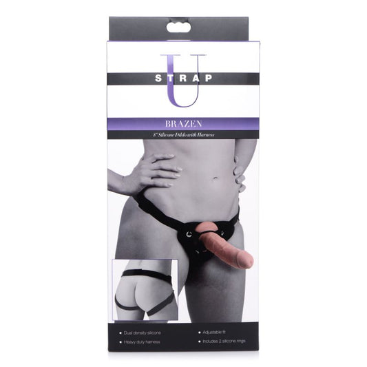 Strap U Brazen 8" Silicone Dildo w Harness Flesh