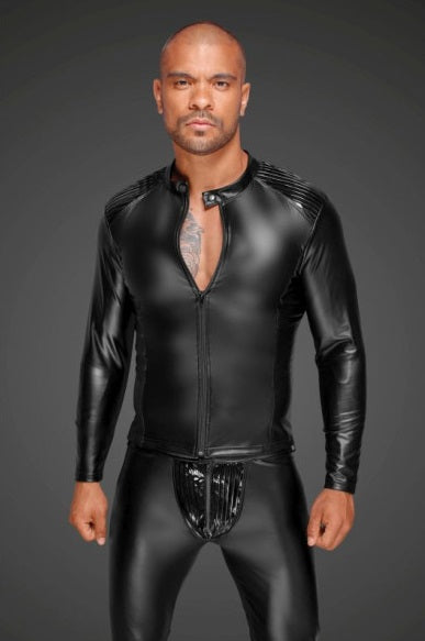 Noir Power Wetlook Mens Jacket w Pleated PVC Epaulets Size S/M/L/XL