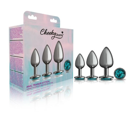 Cheeky Charms Round Metal Butt Plug Gunmetal 3 Pc Kit w Teal Jewel