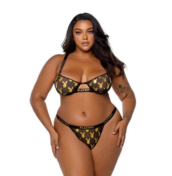 Playboy Lingerie Foiled Bunny 2 Pc Set Gold Black Size XS/S/M/L