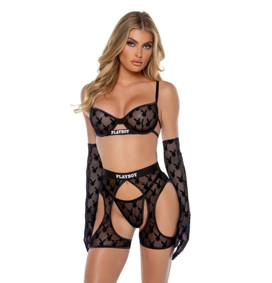 Playboy Lingerie Flocked Bunny Chaps 3 Pc Set Black Size XS/S/M/L