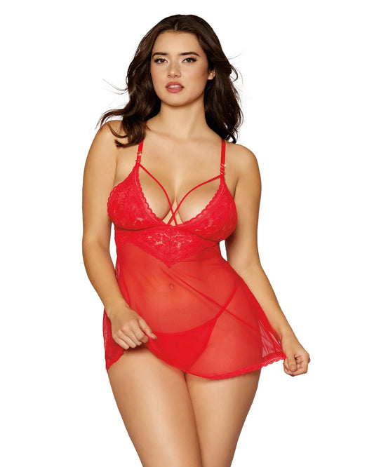 Dreamgirl Lace and Mesh Babdoll and G-string Set Lipstick Red Size OS