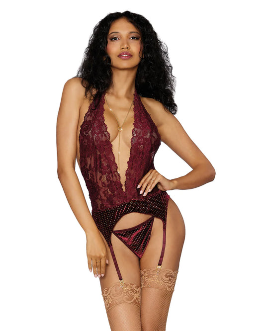 Dreamgirl Lace and Stretch Velvet Garter Slip and G-string Set Burgundy Size OS