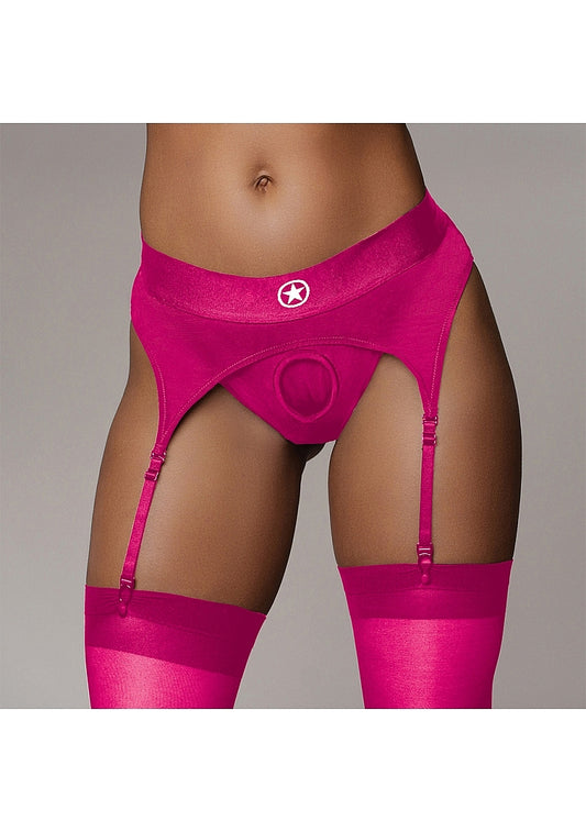 Shots Toys | OUCH! Vibrating Strap-On Thong with Adjustable Garters - Pink - Size M/L