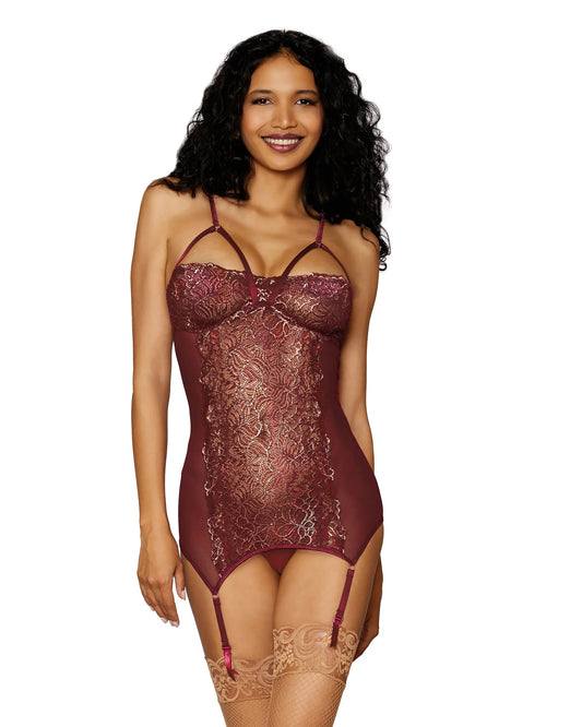 Dreamgirl Gold Foiled Stretch Lace and Mesh Garter Slip Burgundy Gold Size OS