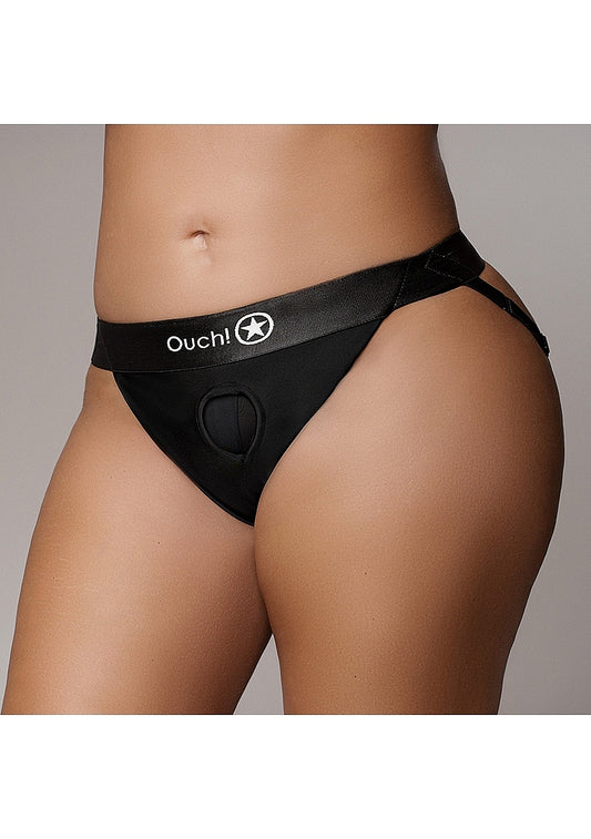 Shots Toys | OUCH! Vibrating Strap-on Panty Harness with Open Back - Black - Size XL/XXL