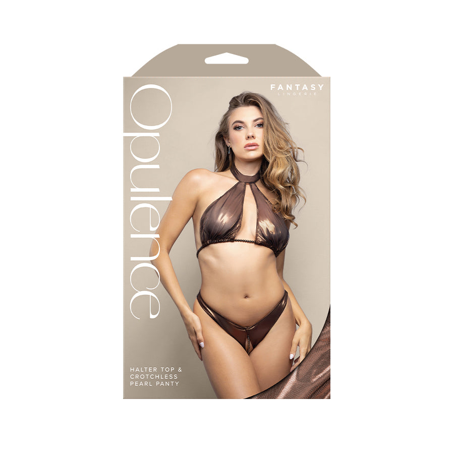 Fantasy Lingerie OPULENCE Halter Top & Crotchless Pearl Panty - Chocolate Size S/M or M/L
