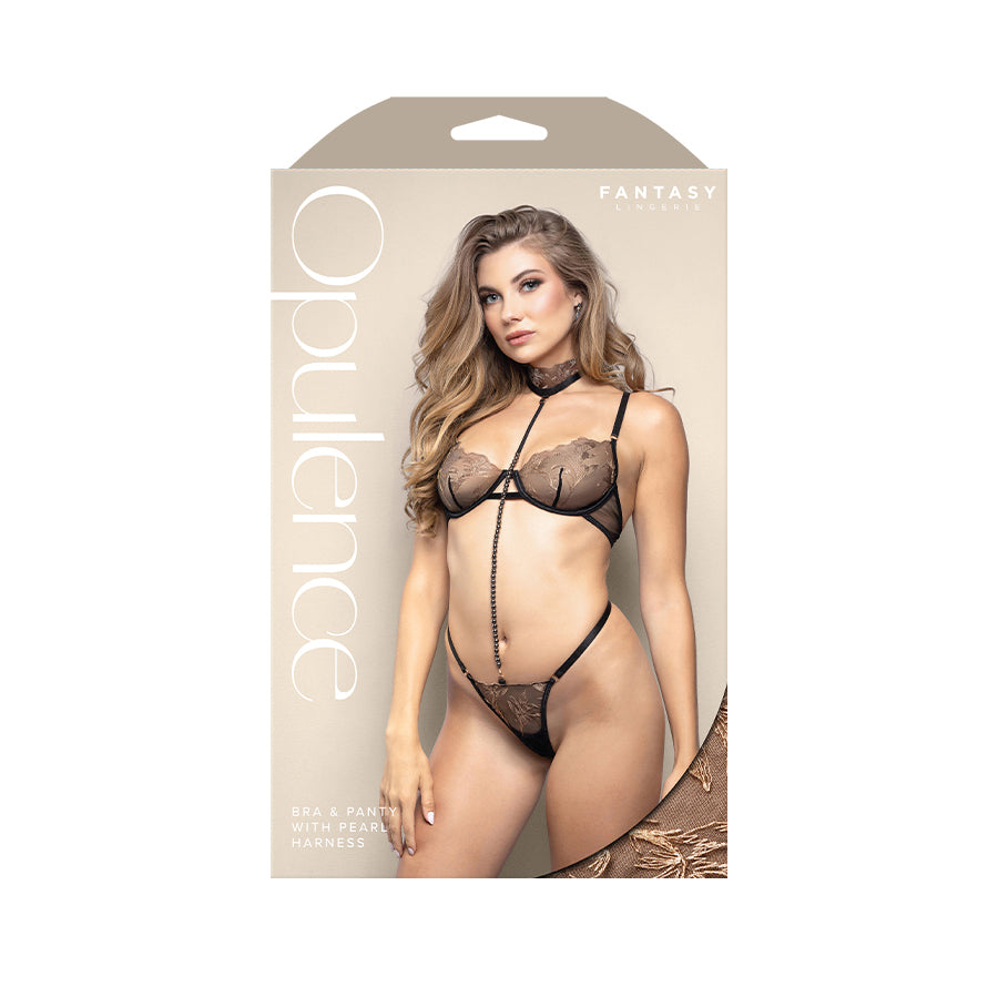 Fantasy Lingerie OPULENCE Bra & Panty with Pearl Harness - Black Size S/M or M/L