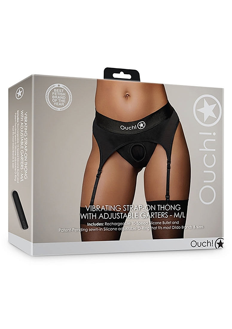 Shots Toys | OUCH! Vibrating Strap-On Thong with Adjustable Garters - Black - Size M/L