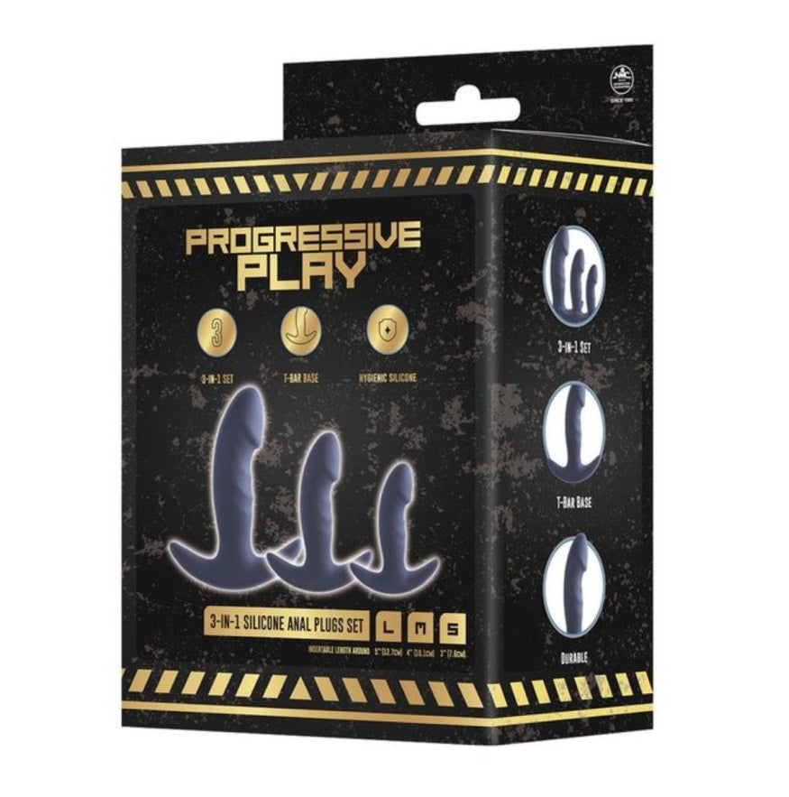 Excellent Power | Progressive Play 3 In 1 Silicone Butt Plug Kit Set With T-Bar Base In Black