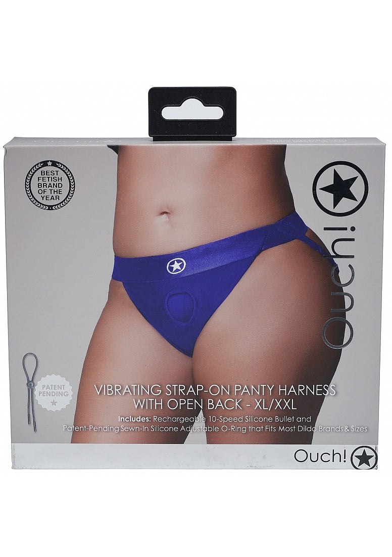 Shots Toys | OUCH! Vibrating Strap-on Panty Harness with Open Back - Royal Blue - Size XL/XXL