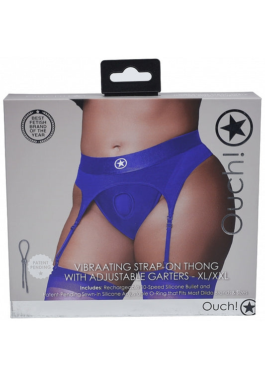 Shots Toys | OUCH! Vibrating Strap-On Thong with Adjustable Garters - Royal Blue - Size XL/XXL