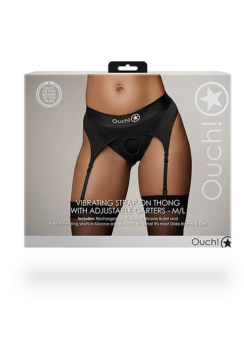 Shots Toys | OUCH! Vibrating Strap-On Thong with Adjustable Garters - Black - Size M/L