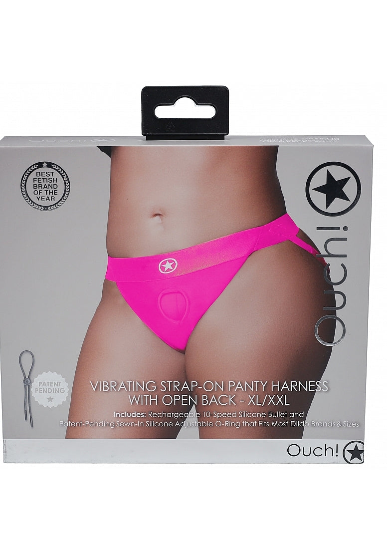 Shots Toys | OUCH! Vibrating Strap-on Panty Harness with Open Back - Pink - Size XL/XXL