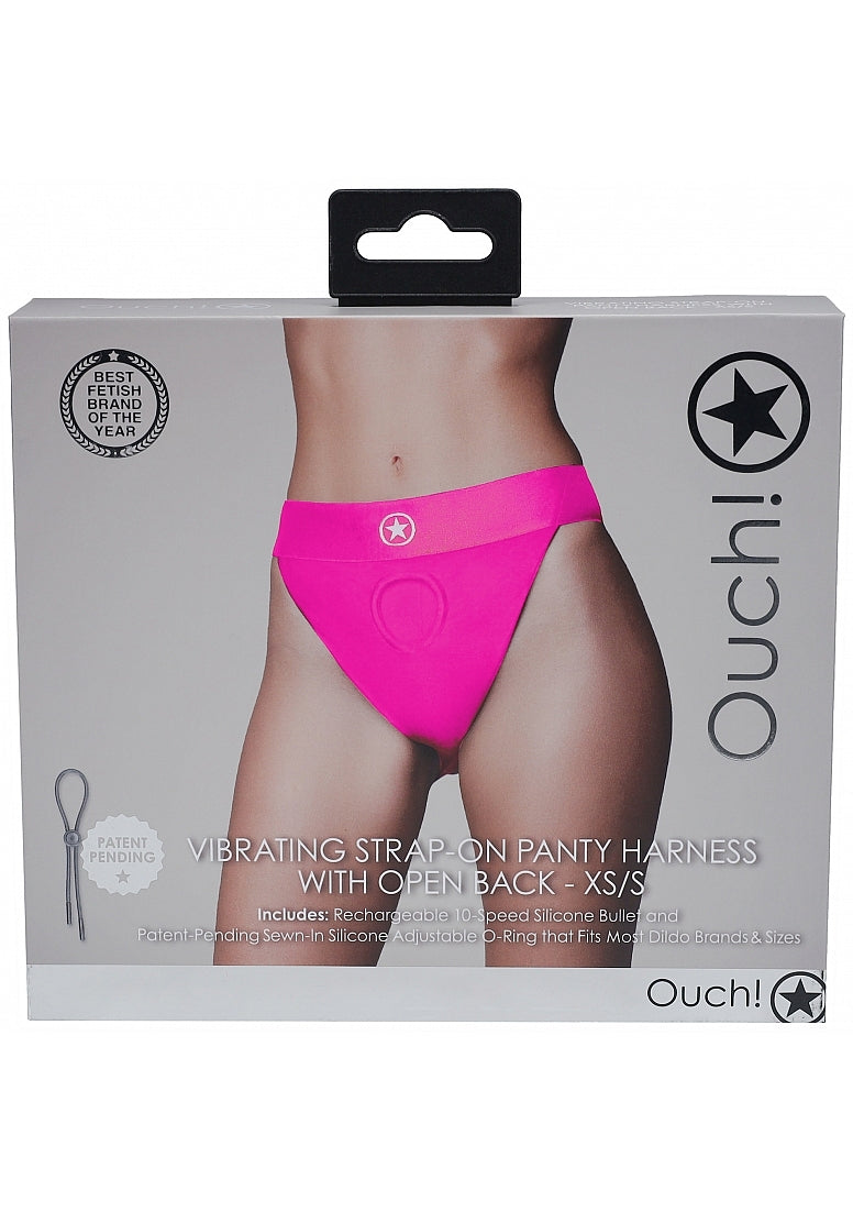 Shots Toys | OUCH! Vibrating Strap-on Panty Harness with Open Back - Pink - Size XS/S