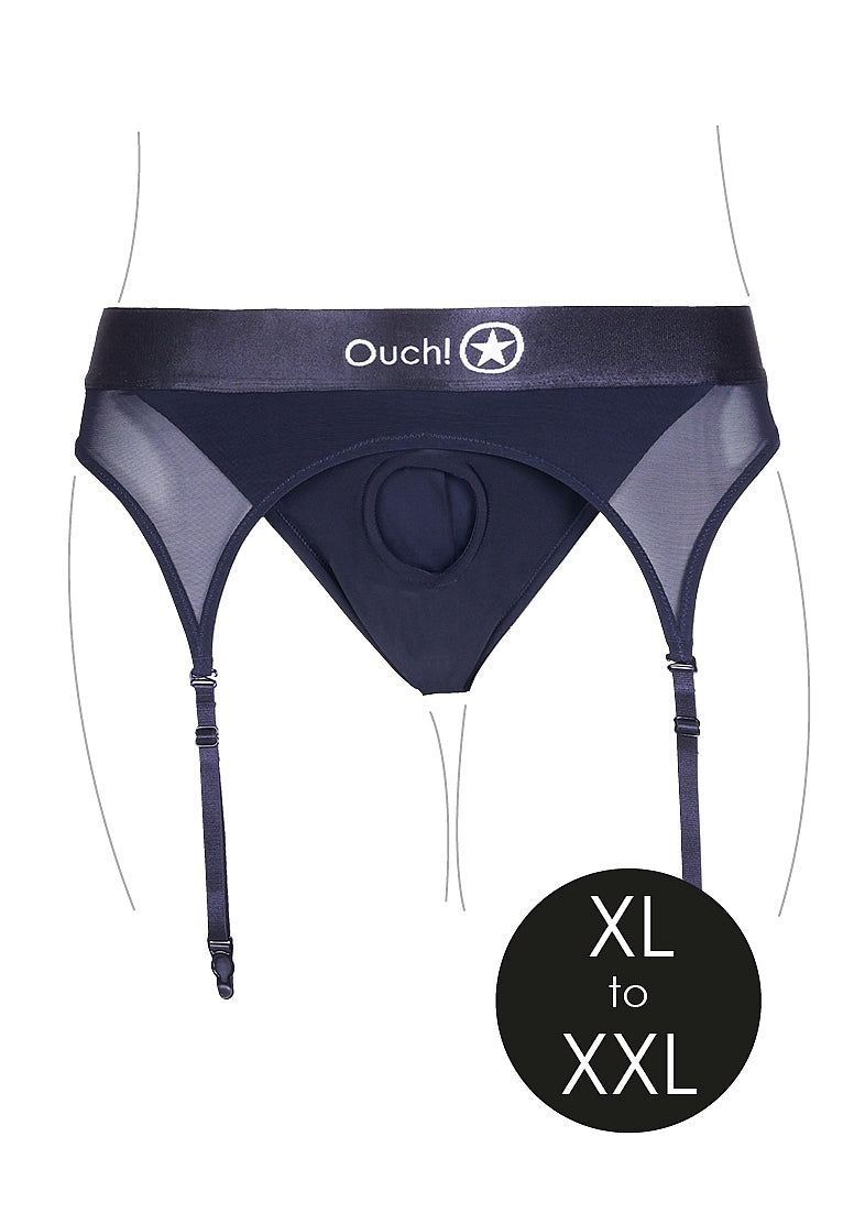 Shots Toys | OUCH! Vibrating Strap-On Thong with Adjustable Garters - Black - Size XL/XXL