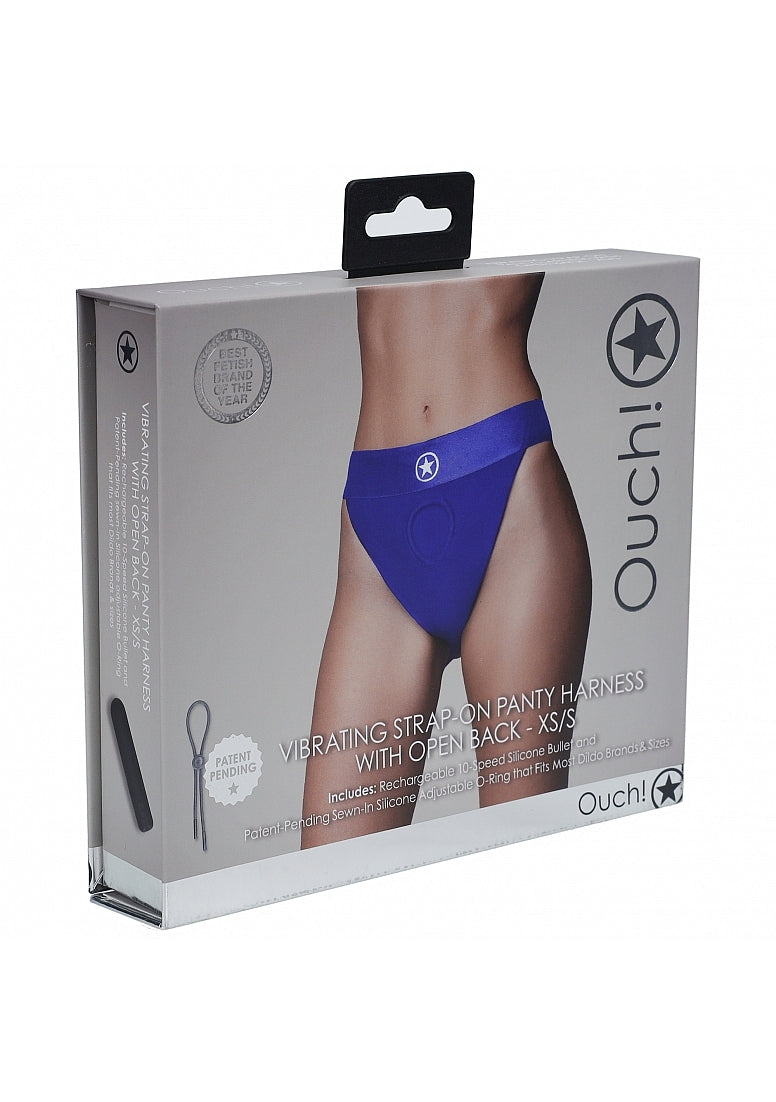 Shots Toys | OUCH! Vibrating Strap-on Panty Harness with Open Back - Royal Blue - Size XS/S