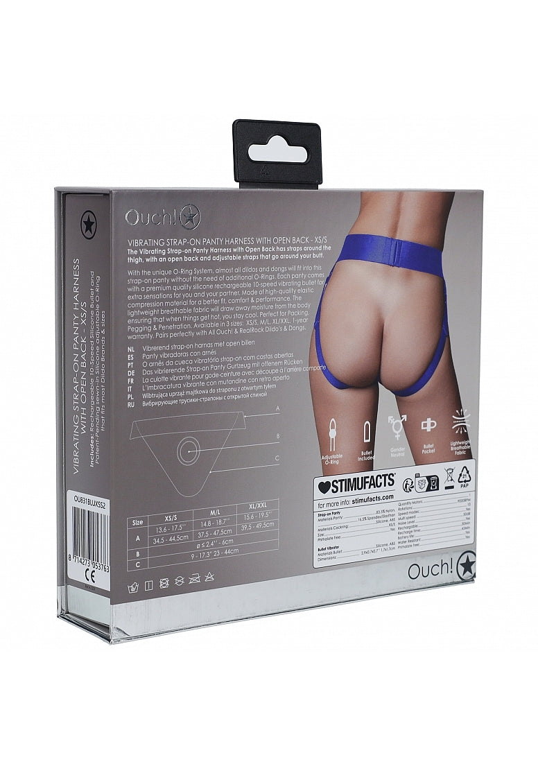 Shots Toys | OUCH! Vibrating Strap-on Panty Harness with Open Back - Royal Blue - Size XS/S