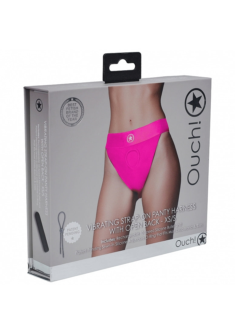 Shots Toys | OUCH! Vibrating Strap-on Panty Harness with Open Back - Pink - Size XS/S