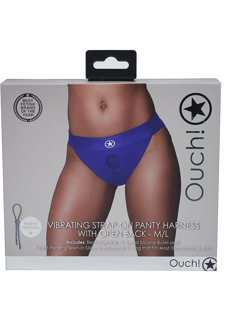 Shots Toys | OUCH! Vibrating Strap-on Panty Harness with Open Back - Royal Blue - Size M/L