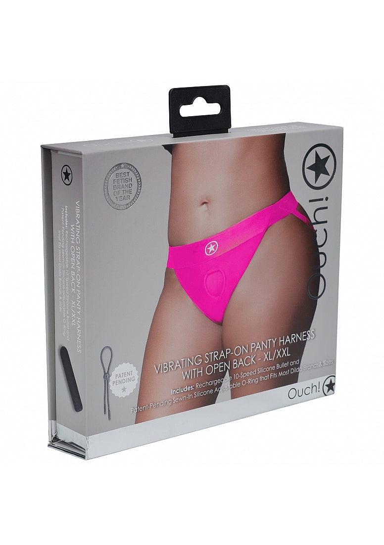 Shots Toys | OUCH! Vibrating Strap-on Panty Harness with Open Back - Pink - Size XL/XXL