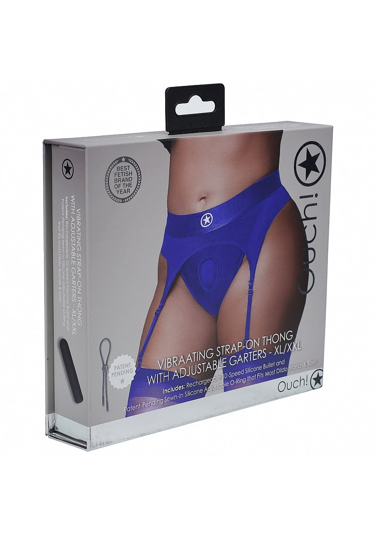 Shots Toys | OUCH! Vibrating Strap-On Thong with Adjustable Garters - Royal Blue - Size XL/XXL