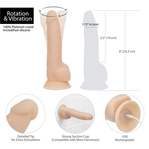 Naked Addiction 8" Rotating & Vibrating Dildo with Remote – Beige