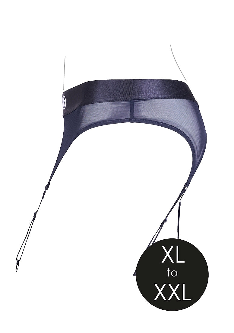 Shots Toys | OUCH! Vibrating Strap-On Thong with Adjustable Garters - Black - Size XL/XXL
