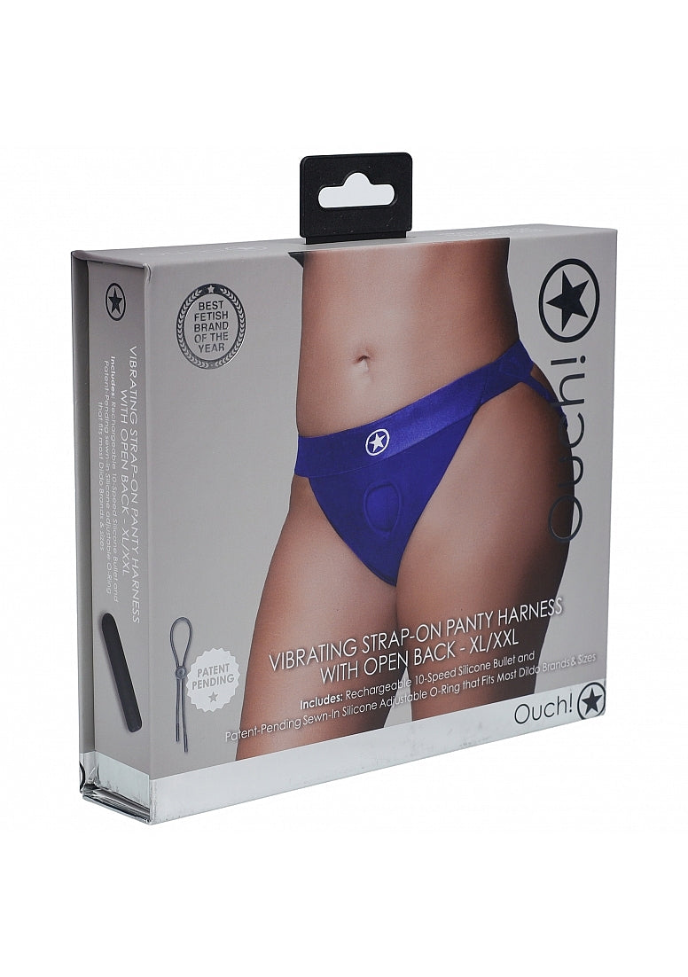 Shots Toys | OUCH! Vibrating Strap-on Panty Harness with Open Back - Royal Blue - Size XL/XXL