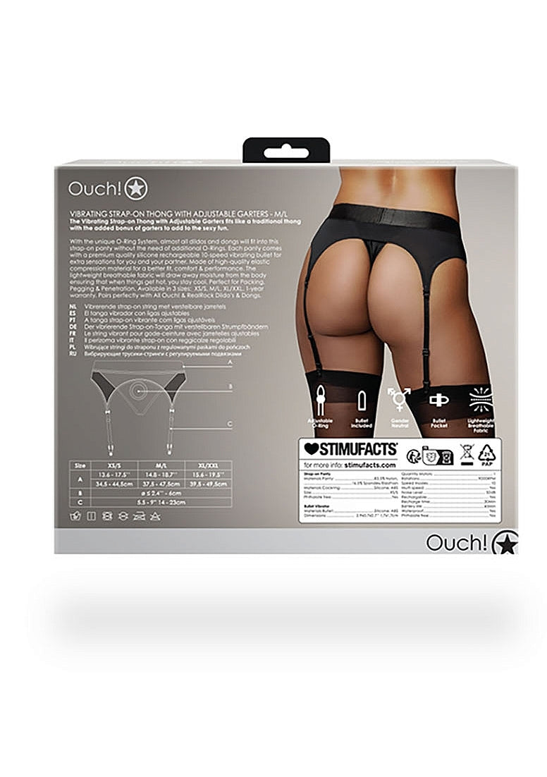 Shots Toys | OUCH! Vibrating Strap-On Thong with Adjustable Garters - Black - Size M/L
