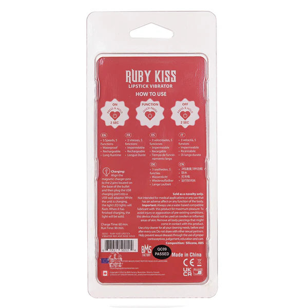 BMS Ruby Kiss 4 in 1 Lipstick Vibrator - Red and Rose Gold