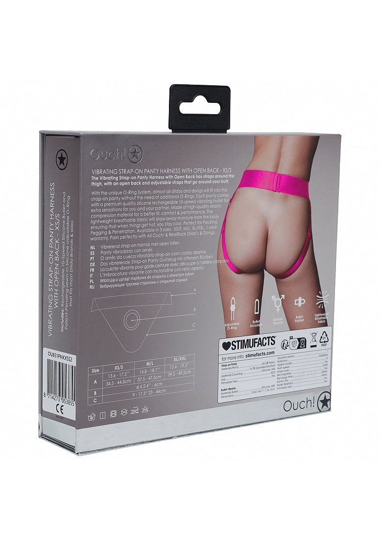 Shots Toys | OUCH! Vibrating Strap-on Panty Harness with Open Back - Pink - Size XS/S