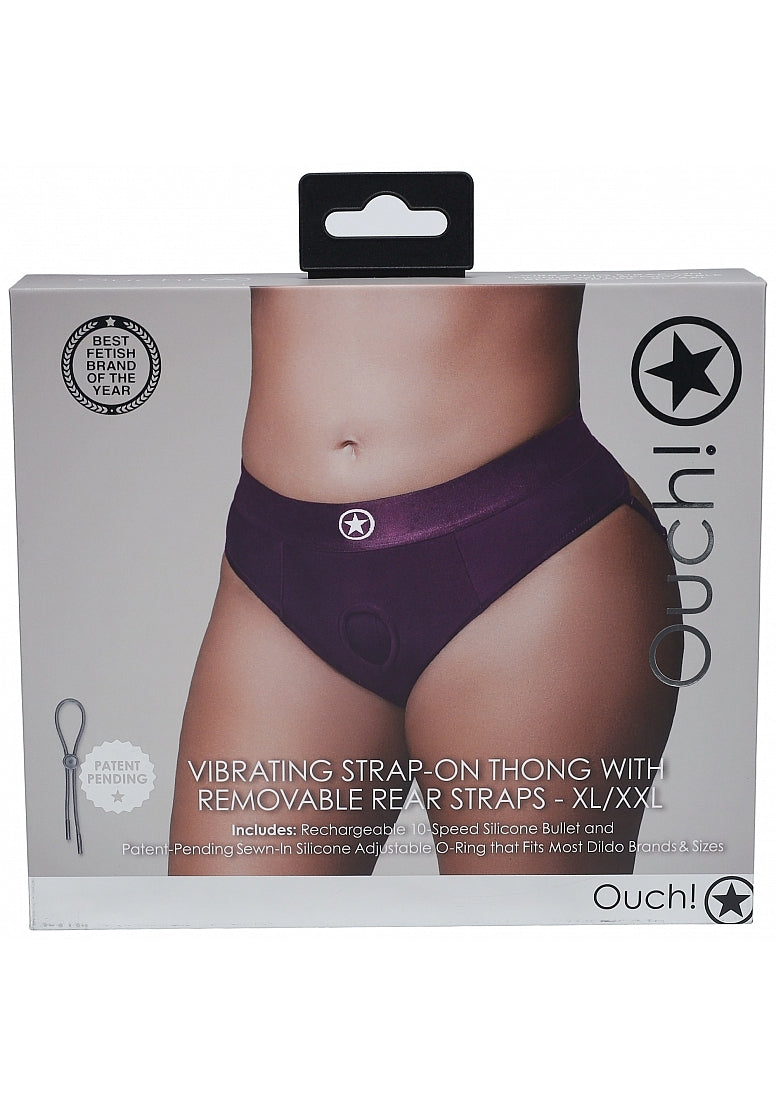 Shots Toys | OUCH! Vibrating Strap-on Thong with Removable Butt Straps - Purple - Size XL/XXL