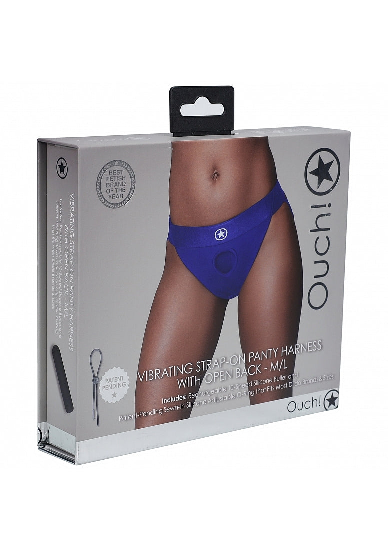 Shots Toys | OUCH! Vibrating Strap-on Panty Harness with Open Back - Royal Blue - Size M/L
