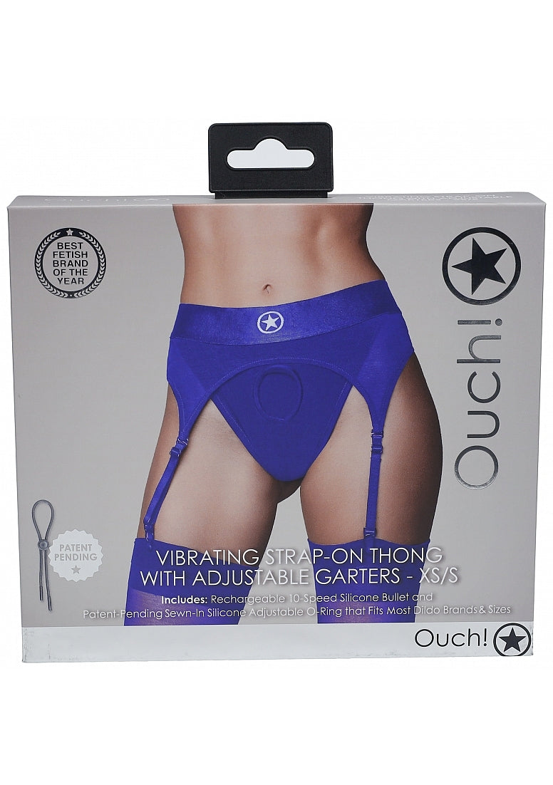Shots Toys | OUCH! Vibrating Strap-On Thong with Adjustable Garters - Royal Blue - Size XS/S