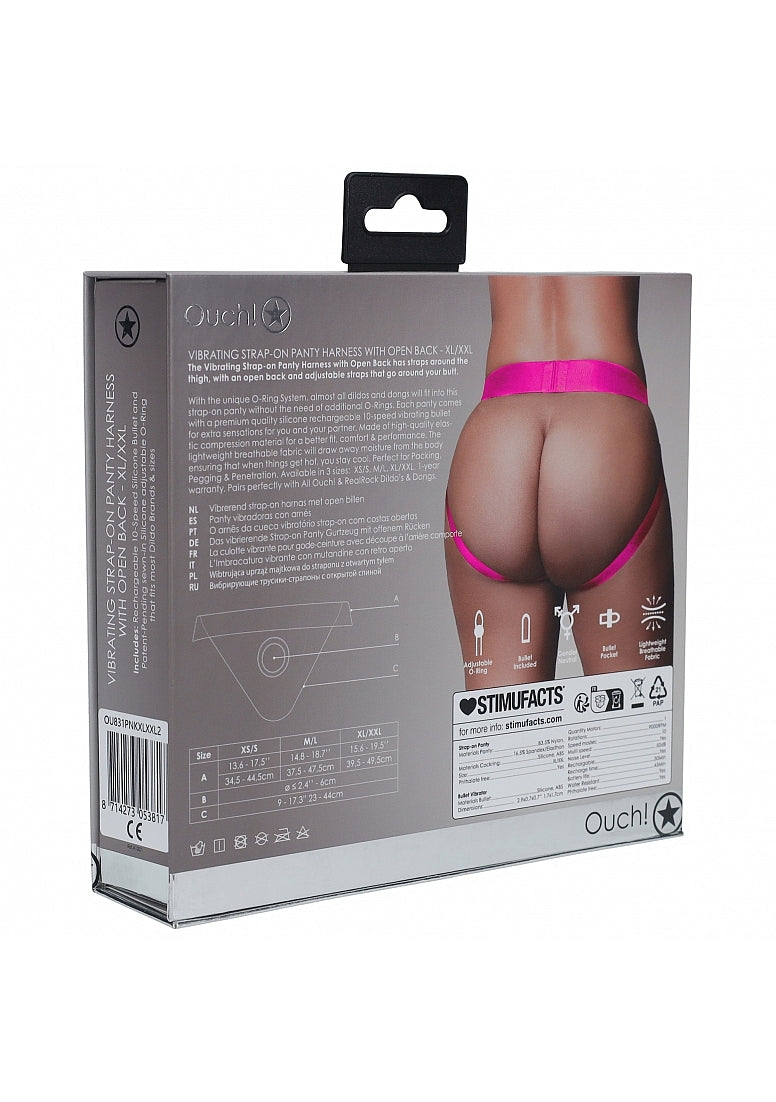 Shots Toys | OUCH! Vibrating Strap-on Panty Harness with Open Back - Pink - Size XL/XXL