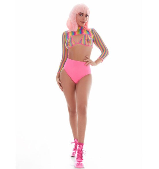 Pink Lipstick Rainbow Shrug Bikini Top Hot Pants Net Set incl Pasties Size OS
